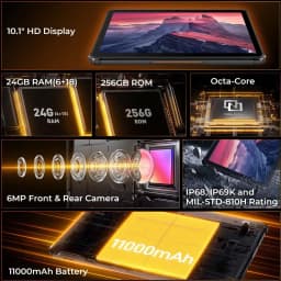 Oukitel RT9 4G Rugged Tablet 10.1" HD Display 24GB RAM 256GB ROM IP68&IP69K Waterproof Tablet 11000mAh Battery Android 14.0 Pad