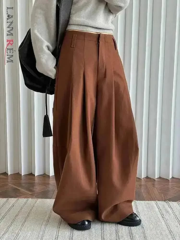 [LANMREM] 2026 Winter New Thick Warm Pants For Women High Waist Pleated Wide Leg Trousers Office Lady Clothes Minimalism 26C967