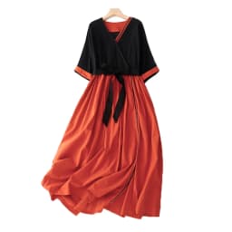 2024 New Arrival V-neck Patchwork Vintage Loose Summer Dress Bow Belt Slim Office Lady Work Dress Fashion Women Casual Dress