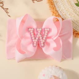 26 Letters Pink Big Bows Pearl Headbands for Baby Girls 5.98'' Wide Nylon Knotted Soft Elastic Hair Bands Wraps Headwear 1PCS