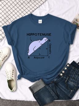 Women T-Shirt Hippo Sleeping On Math Problem Printing Shirt Females O-Neck Loose Oversize Top Slim Kawaii Animal Ladies T Shirt