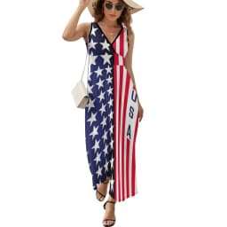 American Flag Dress Patriotic Flag Star Design Boho Beach Long Dresses V Neck Print Maxi Dress Korean Fashion Clothes Oversize