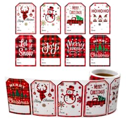100Pcs Christmas Tags Labels, 8 Design Self Adhesive Gift Stickers Name Tags with Santa Snowmen Xmas Tree Snowman Holiday Decor