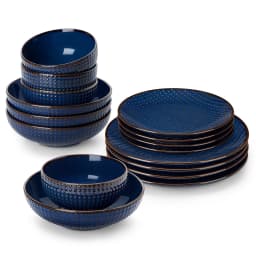 MALACASA LYDIA 16/32 Piece Blue Stoneware Plates Dinner Set Embossment Dinnerware with 6pcs Dinner Plate/Dessert/Soup/Bowl