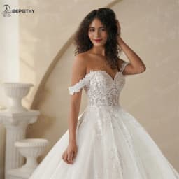 BEPEITHY Customized Princess Off Shoulder Sleeveless Ball Bride Wedding Dresses For Women 2025 Ivory Lace Glitter Bridal Gown