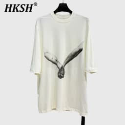 HKSH Spring Summer New Men's RO Style Round Collar Printed T-shirt Oversized Chic Cotton Chic Top American Loose Y2K Tees HK4638