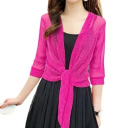 Women's Sheer Glitter Lace-up Cardigan Lightweight Jacket Half Sleeve Summer See-through Loose Blouse Women