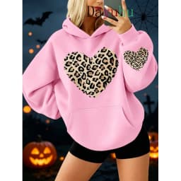 Trendy Oversized Pullover Hoodie Halloween Leopard Heart Print Autumn Winter Street Wear Daily Lounge Wear Fashion Sweatshirt