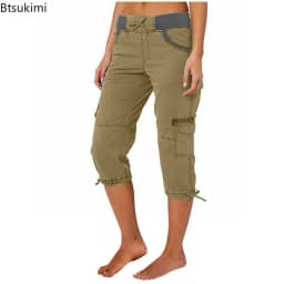 2026 Women's Summer Casual High Waist Drawstring Pocket Workwear Pants Solid Loose Wide Leg Extendable Cuffs 7-inch Pants Female
