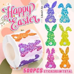 500Pcs Easter Bunny Stickers Roll Colorful Laser Rabbit Paper Decals 5 Colors Spring Sparkly Self Adhesive Seal Stickers