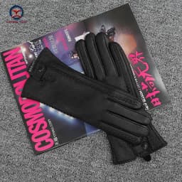 New Women's Genuine Leather Winter Warm Women's Soft 70% Wool Lining Rivet Buckle High-Quality Connected Finger Gloves