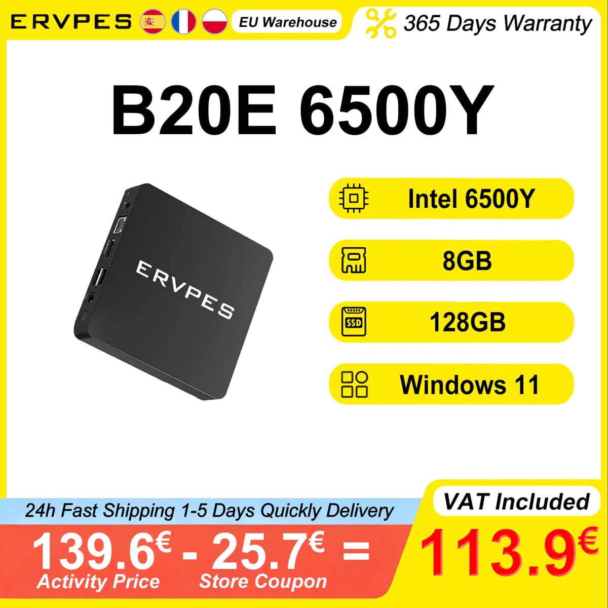 Ervpes B20E Mini Pc 8Gb Ram 128Gb Ssd Intel 6500Y Windows 11 Bt5.0 Apollo Lake Desktop Micro Computer Dual Band Wi-Fi HDMI