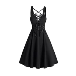 2025 Womens Gothic Dresses Sets Solid Color Open Front Crop Jacket and Lace Up Buckle Strap Crisscross Dress Outfit