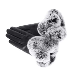 Women's Large V-shaped Touch Screen Warm Plush Leather Gloves Winter Cycling Fashion Black PU Leather Gloves