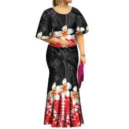 2022 Fall New Style Samoan Puletasi Batwing Sleeve Polynesian Tribal Mermaid Maxi Skirt Dress Women Pacific Island Art Ptaha