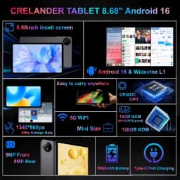 KOOMDIGI Android 16 Tablet 8.68 Inch UHD Incell Screen 1340×800 16GB RAM (6GB+10GB Expand) 128GB ROM 5G WiFi Dual Camera 5000mAh Widevine L1 GPS Google GMS Tablet with Case USB-C Cable Screen Protector