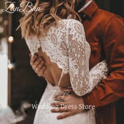 ZanBan Customized Long Sleeves Floral Lace V Neck Boho Wedding Dress Deep V Neck Open Back Modest Rustic Civil Bridal Gown 2025