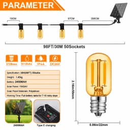 Outdoor Solar String Light Waterproof E12 Glass T22 Amber Bulbs 1W LED Retro Patio Lights for Outside Backyard Bistro Garden