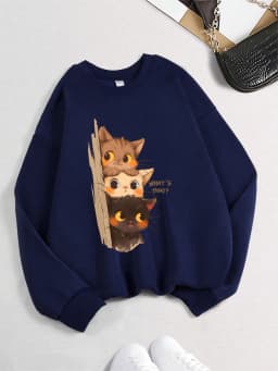 Three Little Cats Are Secretly Watching You Print Hoodie Women Street Loose Sweatshirt Basics Sporty Pullover Winter Clothes