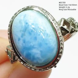 Natural Blue Larimar Oval Adjustable Ring Jewelry Water Pattern Real Larimar For Women Men Healing Fashion Stone AAAAAA