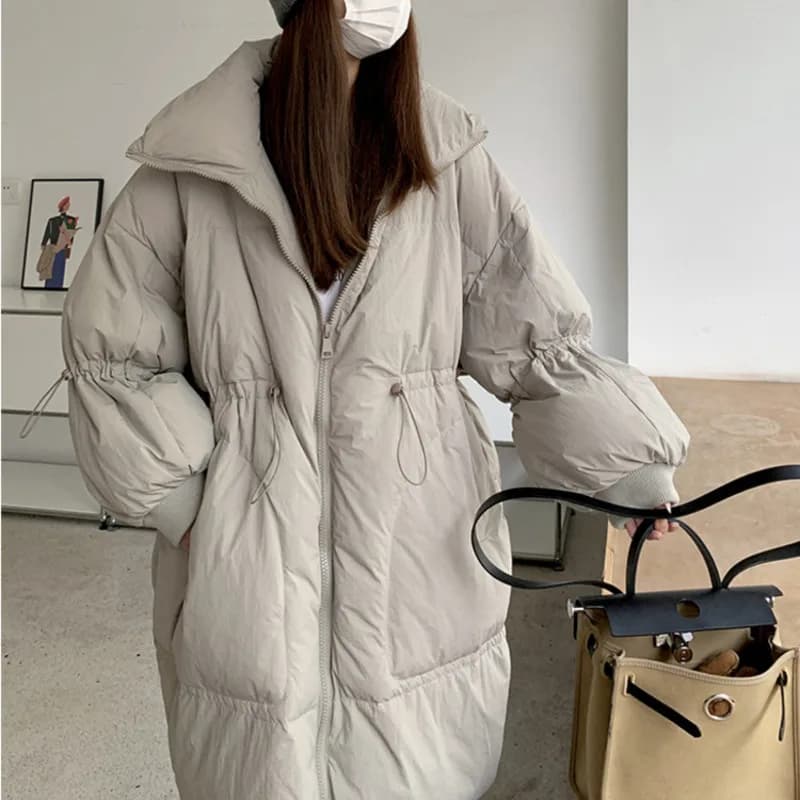 LANMREM Drawstring Waist Slimming Design Women's Long Down Jacket Lapel Loose Oversized Long Sleeve Grey Warm Jackets 2DB5955