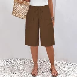 2026 New Summer Autumn Knee Length Drawstring Elastic High Waist Short Style Women's Pockets Casual Solid Color Shorts Pants