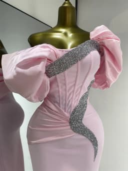 Pink Off Shoulder Satin Bandage Patchwork Evening Dress Silver Glitter Rhinestone Corset Formal Party Gown Guest Look Wholesale