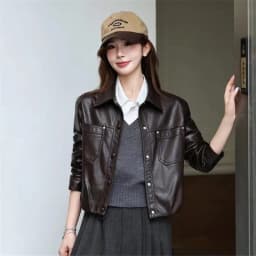 Black Short Faux PU Leather Jacket Big Pocket Lapel Single-Breasted Long Sleeve Autumn New Women Imitation Leather Biker Jacket
