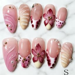 10Pcs 3D Flower Gold Beads Handmade Press On Nails Nude Pink French Almond Fake Nail M/S/XS Artificial Wearable False Fingertips