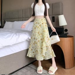 High Waist A-Line Floral Print Chiffon Halter Neck Dress Women's Summer New Style Belted Wrap Skirt Casual Polyester Fiber