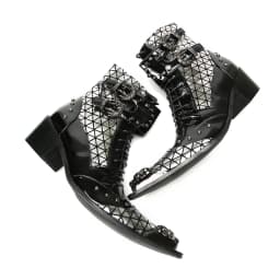 British Punk Style Men Short Ankle Boots High Heels Rivets Pointed Toe Dress Shoes Shiny Leather Mixed Color Zapatos Para Hombre