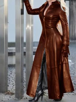 2023 Long PU Leather Coat with Stand Collar Stand-up Collar Biker Jacket Women's Fashion Autumn Winter Outerwear