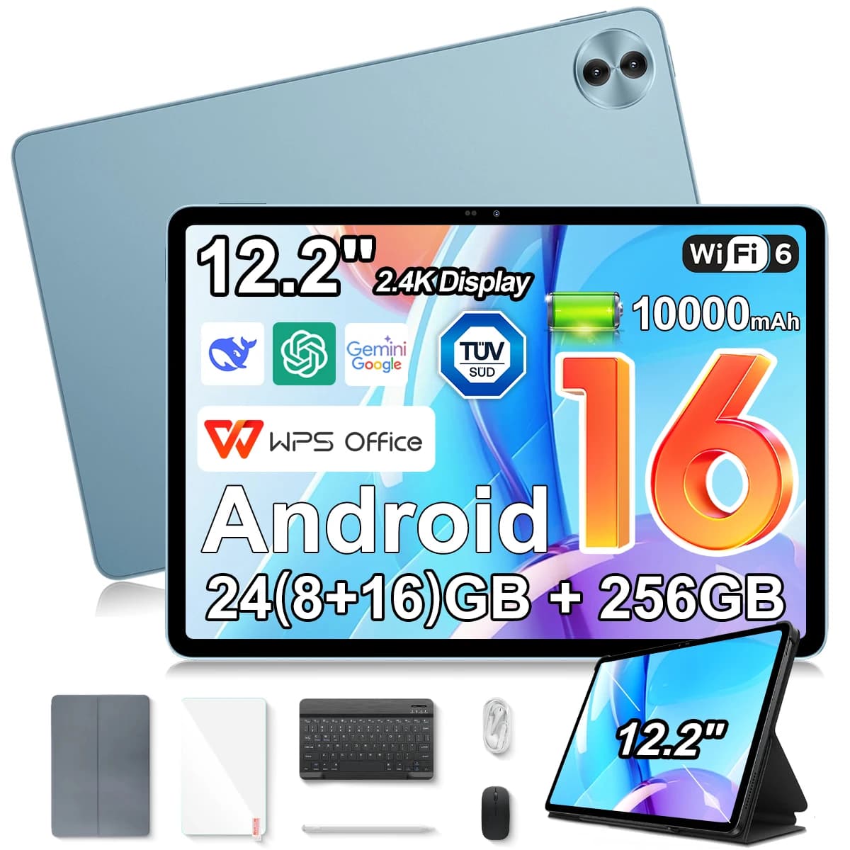 Blackview Mega 5 Tablet Pc, 24Gb(8+16) Ram 256Gb Rom, 12.2" 2.4K Ultra‑Clear Ips 120Hz, Tüv Süd Low Blue Light, Dokeos_P 5.0 Android 16, 10000Mah 55W, Wi‑Fi 6, Dual 2W Box Speakers, 1080P Widevine L1 for Netflix Disney+ Prime Video