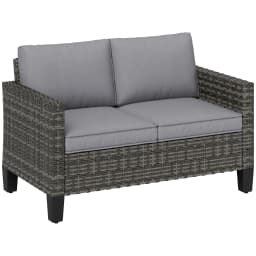 Outsunny 2 Seater Rattan Sofa with Cushions, Wicker Garden Loveseat with Armrests, Outdoor Garden Sofa Couch