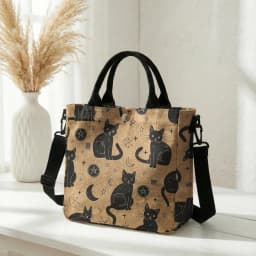 Witchy Black Cat Moon Star Print Pink Canvas Tote Bag Detachable Strap Crossbody Handbag For Women Daily Shopping