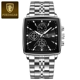 POEDAGAR Fashion Square Men Clock Luminous Waterproof Chronograph Date Men's Watches Stainless Steel Quartz Man Wristwatch Reloj
