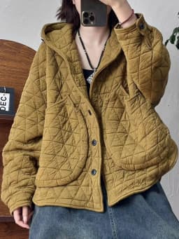 Fashionable Diamond Pattern Loose Hooded Jacket Women's Large Pocket Casual Cotton Coat Trendy Autumn Winter New Style