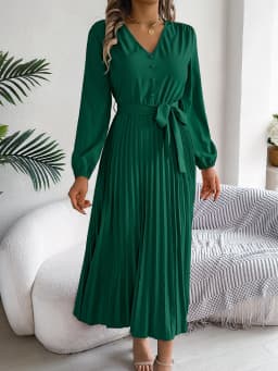 Spring Autumn Elegant Buttons V Neck Lantern Long Sleeve Lace Up Pleated Dress Khaki Blue Red Green Black Women Dresses