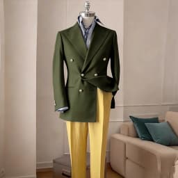 Timeless Men's Navy Blue Double Breasted Suit Summer Breathable Casual 2Piece Set Jacket+Yellow Linen Pants Wedding Groom Attir