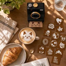 3D Printed Latte Art Camera One‑Touch Coffee Printer with 8 Stencil Cards Miniature Instant Camera Coffee Stencils Latte Art