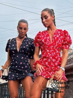 Chic Printed Slim Fit Mini Dress Women Elegant V-neck Puff Short Sleeves Waist Cinching Dresses 2026 Summer Lady Party Robes New