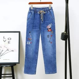 Middle-aged Women's Jeans Spring Autumn Stretch Waist Straight Denim Pants Large Size Loose High Waist Casual Black Blue Trouser