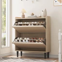 Shoe Cabinet with 2 Flip-Down Doors & Adjustable Shelf - Narrow Wooden Organizer for Entryway, Hallway Closet