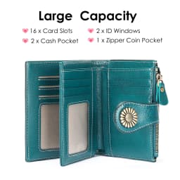 New Women RFID Blocking Genuine Leather Wallet Vintage Sunflower Buckle Short Purse 16 Card Slots ID Window Zipper Female Wallet