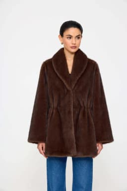 Laur 2026 Shawl Collar Faux Fur Coat Drawstring Waist Mid Length Warm Winter Ladies Plush Fluffy Outerwear