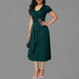 We.Fine Dress Women Solid Color Short Sleeve V Neck Asymmetric Hem Waist Midi Party Dress Elastic Female Dresses Woman Vestidos