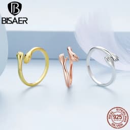 BISAER 925 Sterling Sliver Hand Hug Open Ring Heart Forever 3 Colors Rings Plated Platinum For Women Party Wedding Fine Jewelry