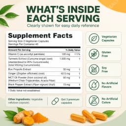 Turmeric Curcumin 95% Capsules Ease Joint Stiffness Soreness, Elevate Antioxidant Levels Black Pepper Ginger 120 Veggie Count