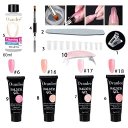 Ovanlee 18-Piece All-in-One Nail Builder Gel Kit – 12 Colors 15ml Polygel with Mini UV/LED Lamp, Cleaning Fluid, Nail Tips & Tools – Form-Free DIY Manicure Extension & Strengthening Set