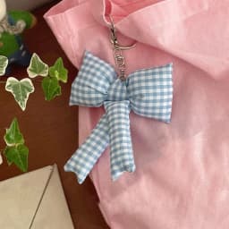 Y2K Pink Puff Grid Bowknot Bag Charms Keychain Trendy 3D Bowknot Keyring Pink Blue Plaid Bow Handbag Pendant Fashion Accessories